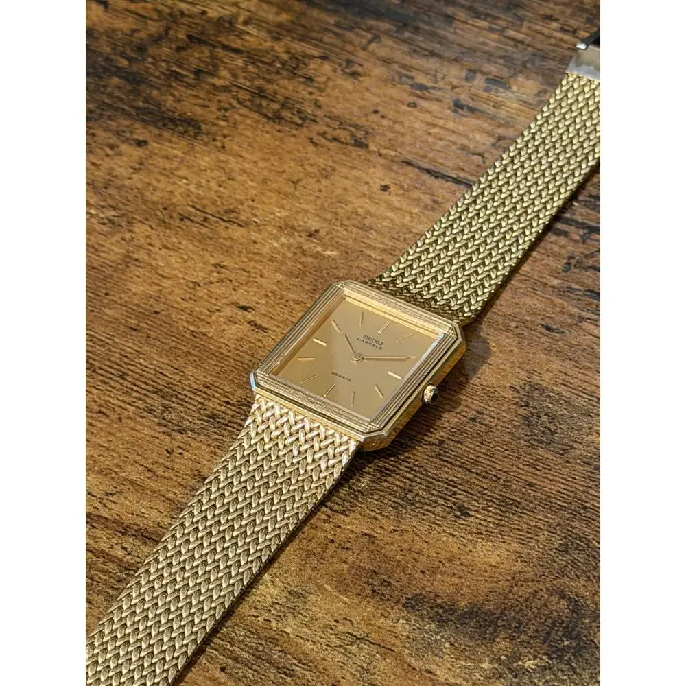 Seiko Lassale Quartz Gold Tone Rectangular Watch Mesh Bracelet